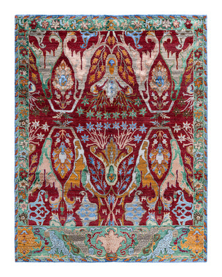 Contemporary Modern Hand Knotted Floral Silk & Wool Blend Red Area Rug 8' 1" x 10' 1"