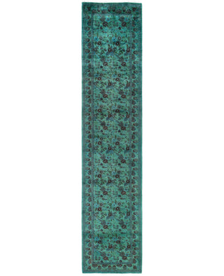 Contemporary Overdyed Wool Hand Knotted Green Runner 2' 8" x 12' 1"