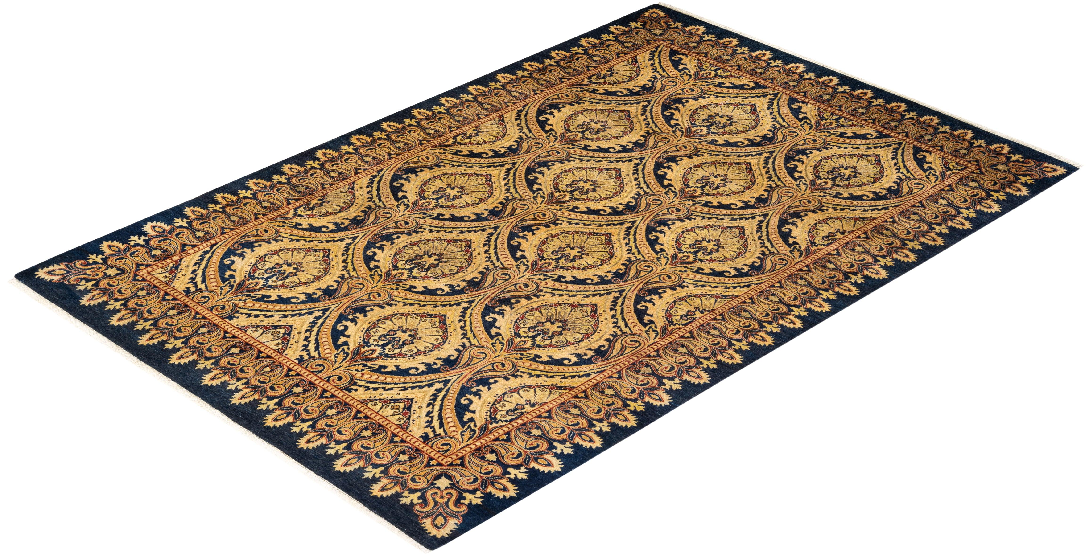 Traditional Mogul Blue Wool Area Rug 5' 1" x 7' 10" - Solo Rugs