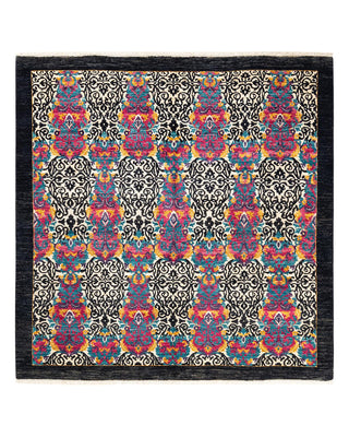 Contemporary Suzani Black Wool Square Area Rug 6' 1" x 6' 2" - Solo Rugs