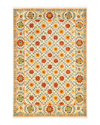 Contemporary Suzani Ivory Wool Area Rug 5' 2" x 7' 7" - Solo Rugs
