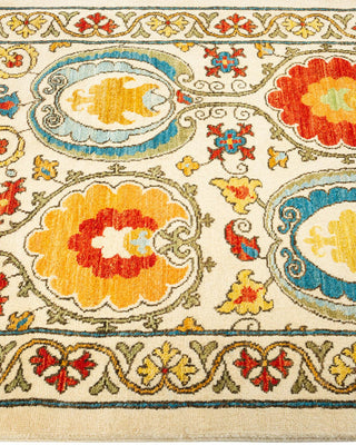 Contemporary Suzani Ivory Wool Runner 3' 2" x 14' 7" - Solo Rugs