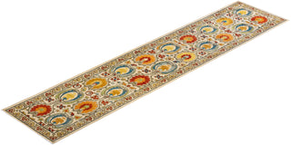 Contemporary Suzani Ivory Wool Runner 3' 2" x 14' 7" - Solo Rugs