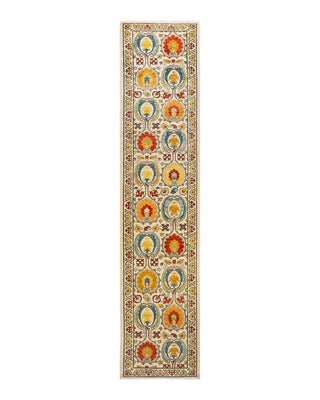 Contemporary Suzani Ivory Wool Runner 3' 2" x 14' 7" - Solo Rugs