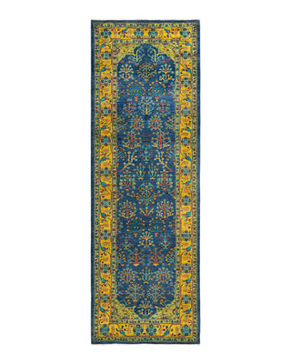 Contemporary Eclectic Blue Wool Runner 4' 1" x 12' 1" - Solo Rugs