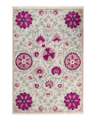 Contemporary Suzani Ivory Wool Area Rug 4' 2" x 6' 2" - Solo Rugs