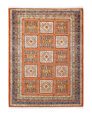 Bohemian Tribal Orange Wool Area Rug 5' 0" x 6' 7" - Solo Rugs